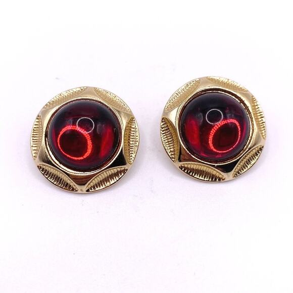 M Jent Signed Pierced Vintage Earrings with Red Glass Cabochon - Picture 2 of 6